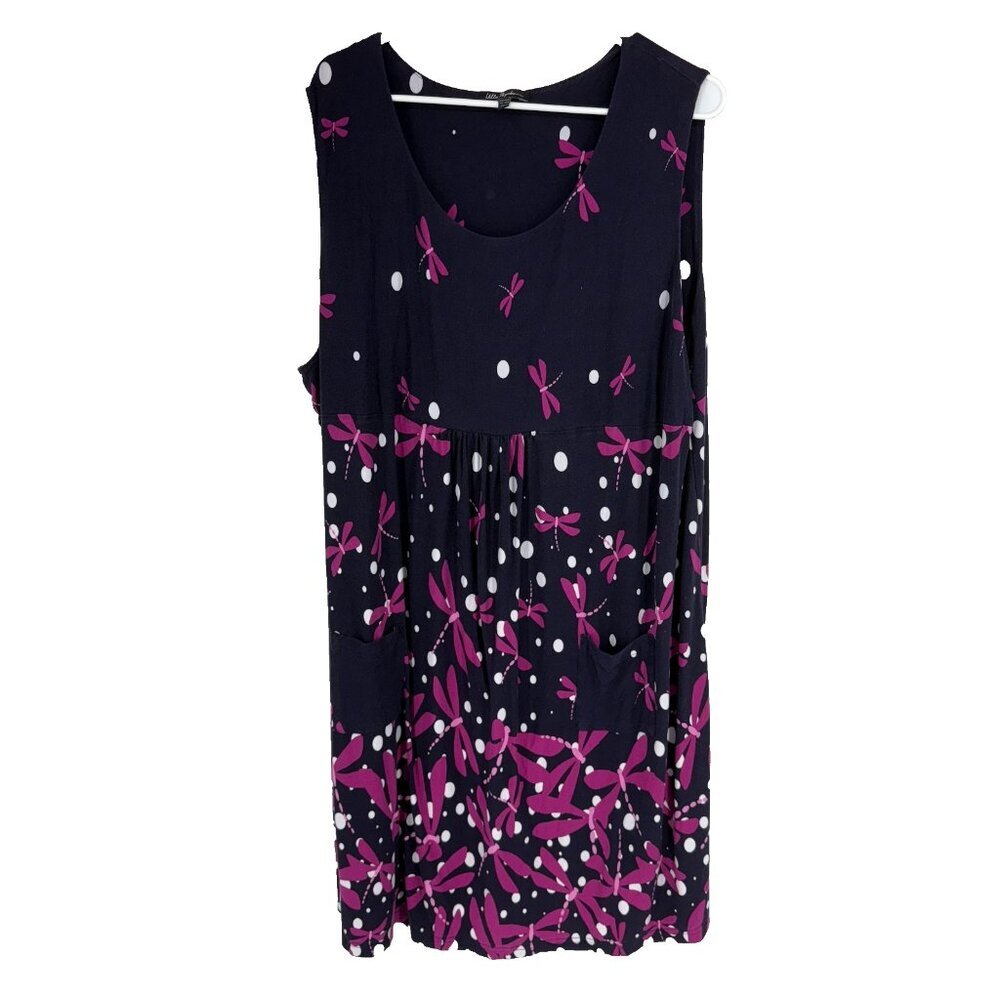 Ulla Popken Women 24/26 Dragonfly Dress Sleeveless Navy Blue Purple Stretch Knit